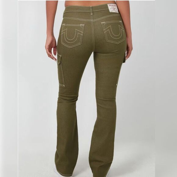 True Religion Logo Military Cargo Utility Pants 28 Bootcut Green - Picture 1 of 4